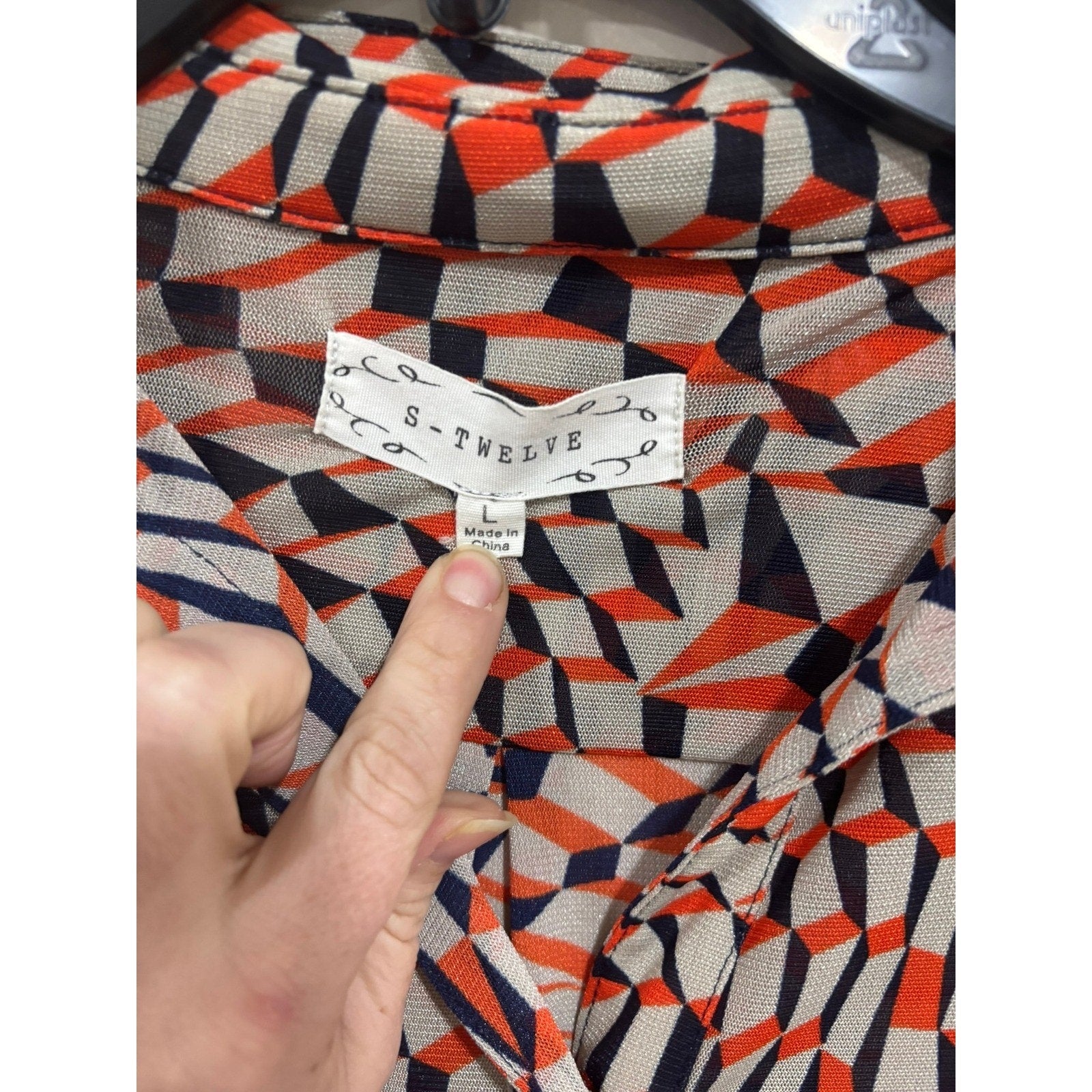 S-Twelve Geometric Print Button Down Blouse Retro Mod Top Large Chic Artsy Bold