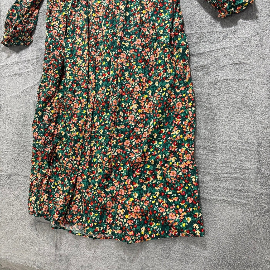 J.Crew Womens XL Green Floral Smocked Re-Imagined Viscose Midi Dress Boho Casual
