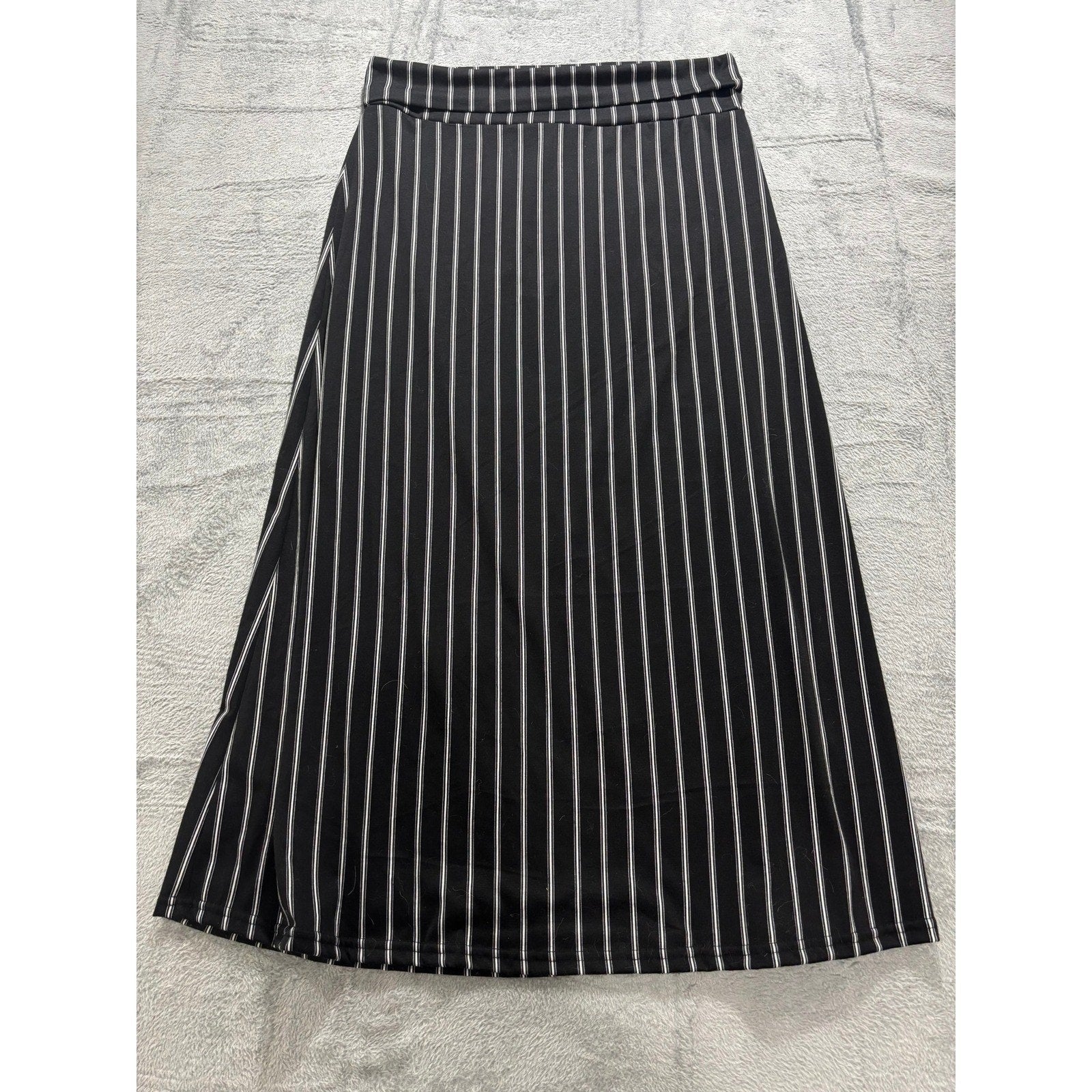 Urban Coco Black White Pinstripe A-Line Midi Skirt Elastic Waist Stretch S
