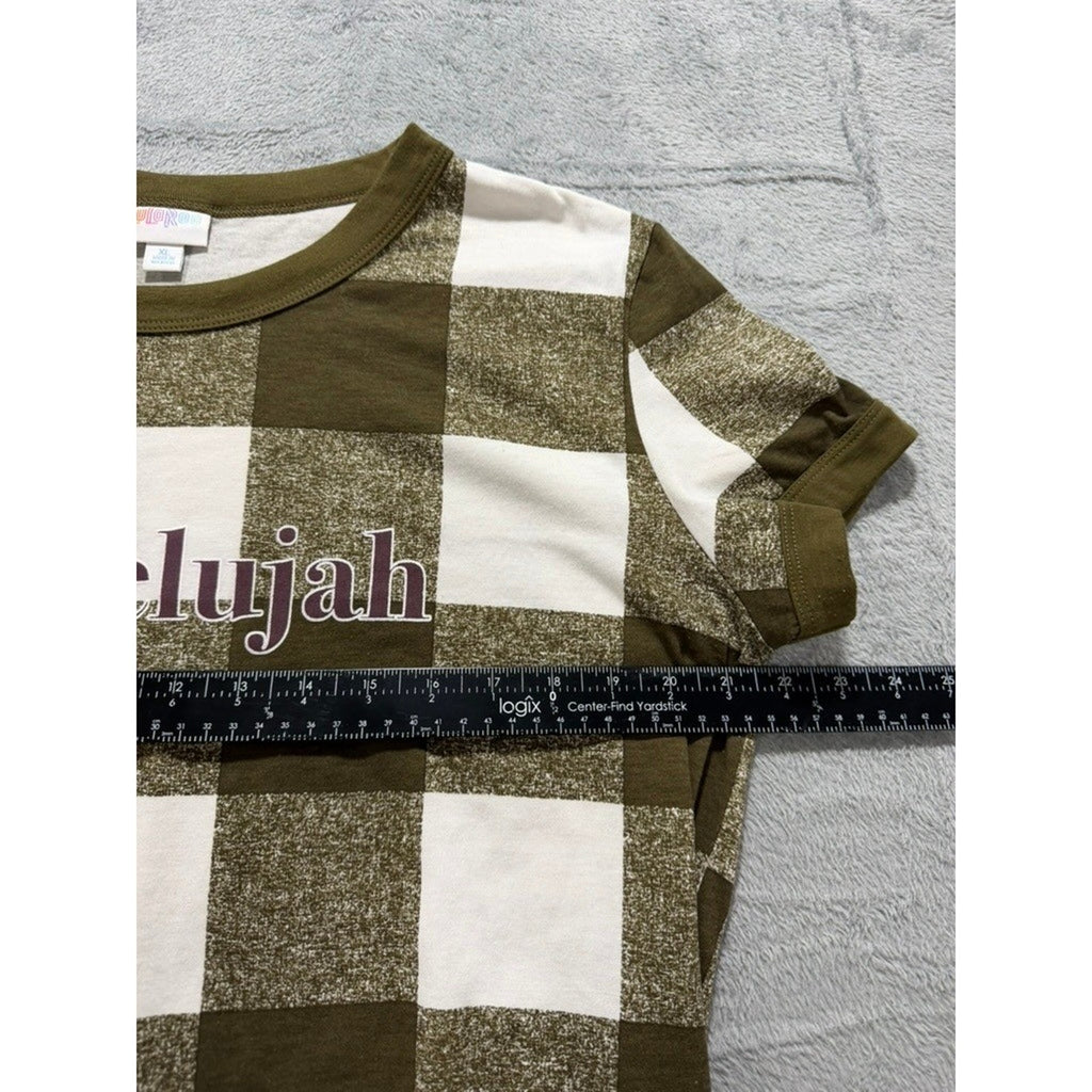 LuLaRoe XL Womens FALLelujah Graphic Tee Olive Green Buffalo Plaid Cozy Fall