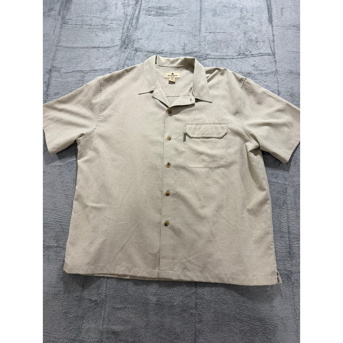 Woolrich Men XL Short Sleeve Button Up Camp Shirt Tan Khaki Safari Utility