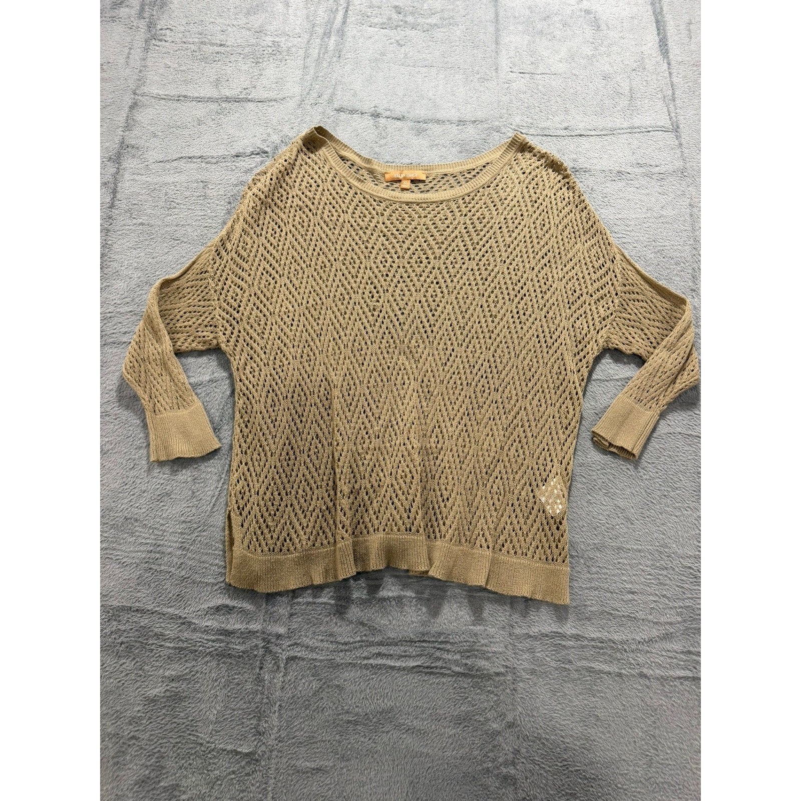 Ellen Tracy Womens XL Tan Diamond Open Knit Crochet Sweater 3/4 Sleeve Boat Neck