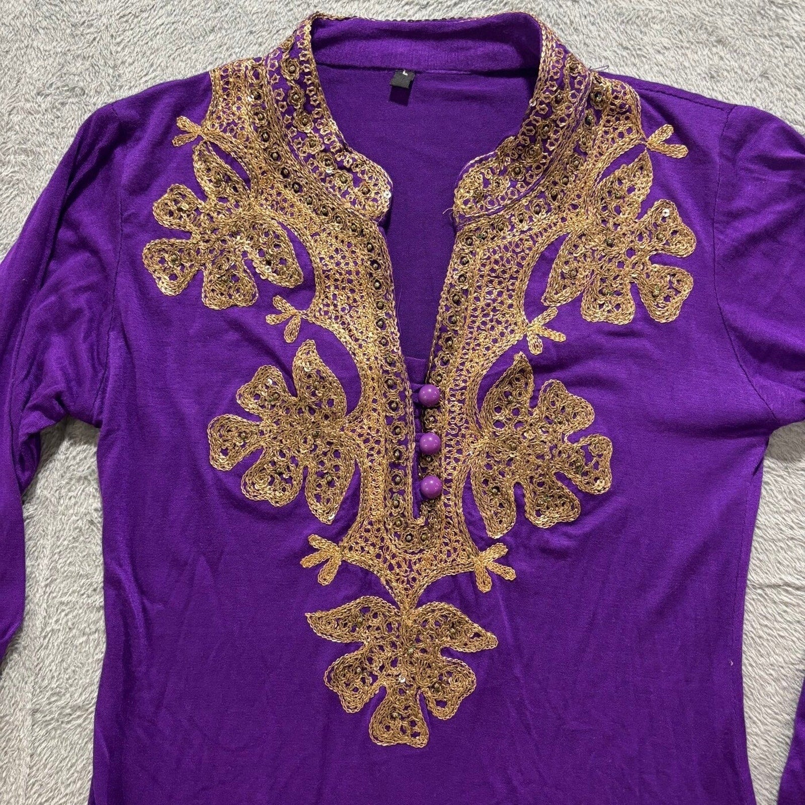 Womens L Purple Embroidered Gold Sequin Tunic Top Boho Festival Casual