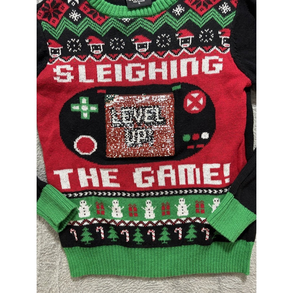 Ugly Christmas Sweater Sleighing The Game Flip Sequin Gamer Level Up Size S