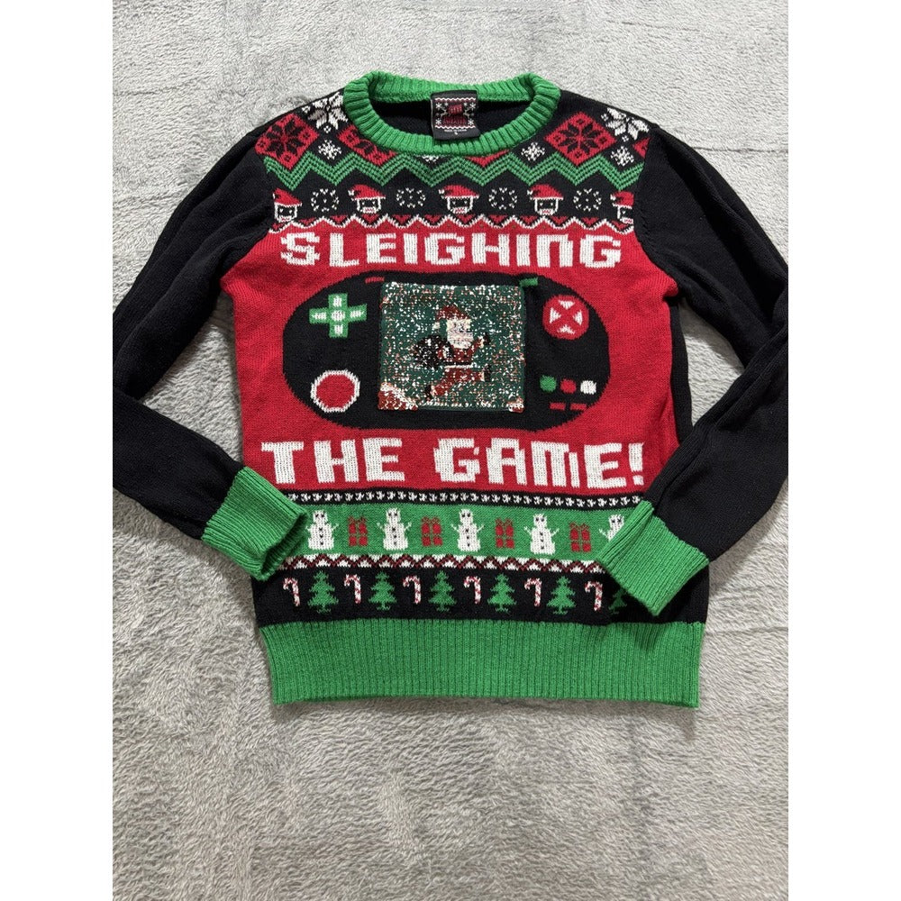 Ugly Christmas Sweater Sleighing The Game Flip Sequin Gamer Level Up Size S