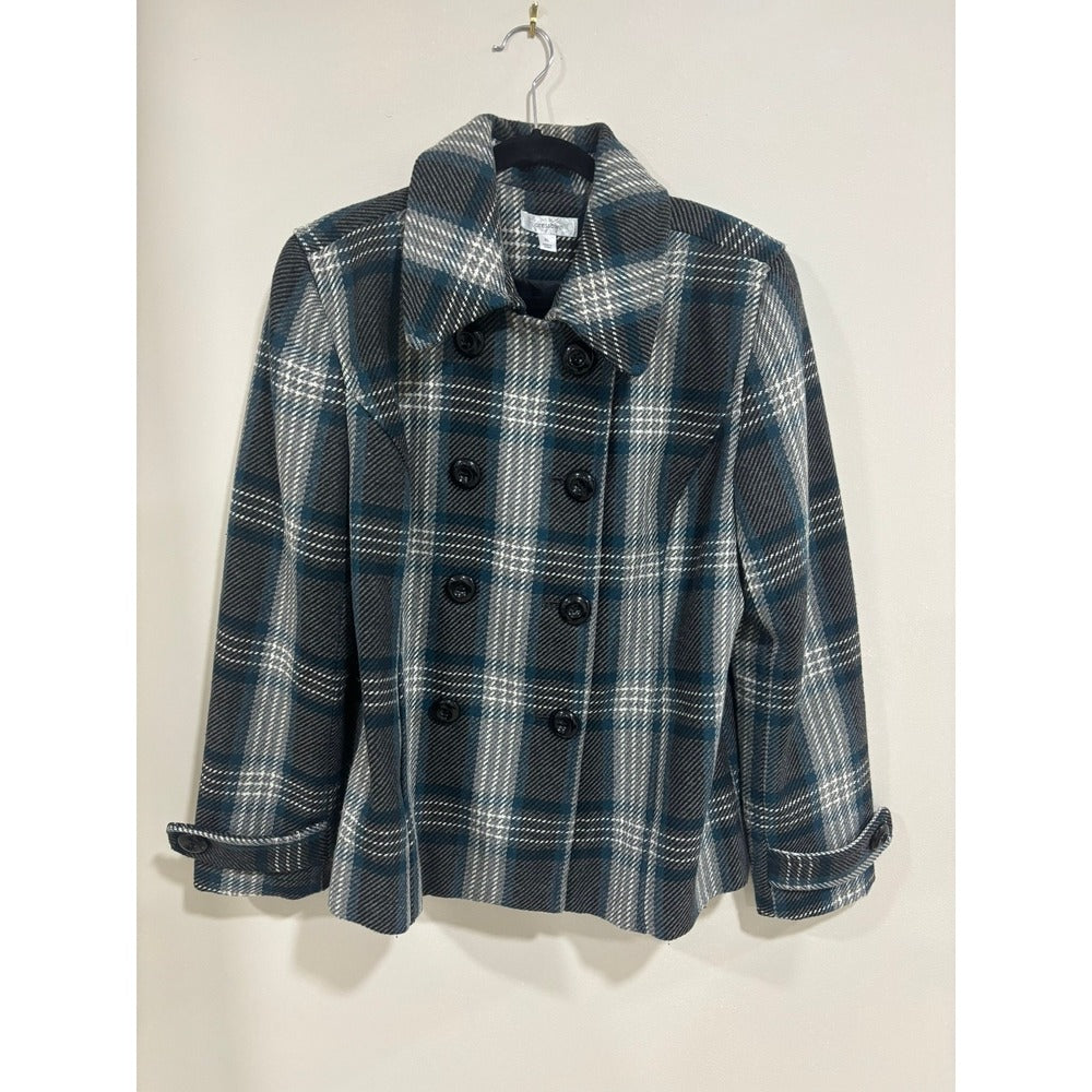 Dressbarn Plaid Peacoat Jacket Teal Gray Wool Blend Double Breasted XL Preppy
