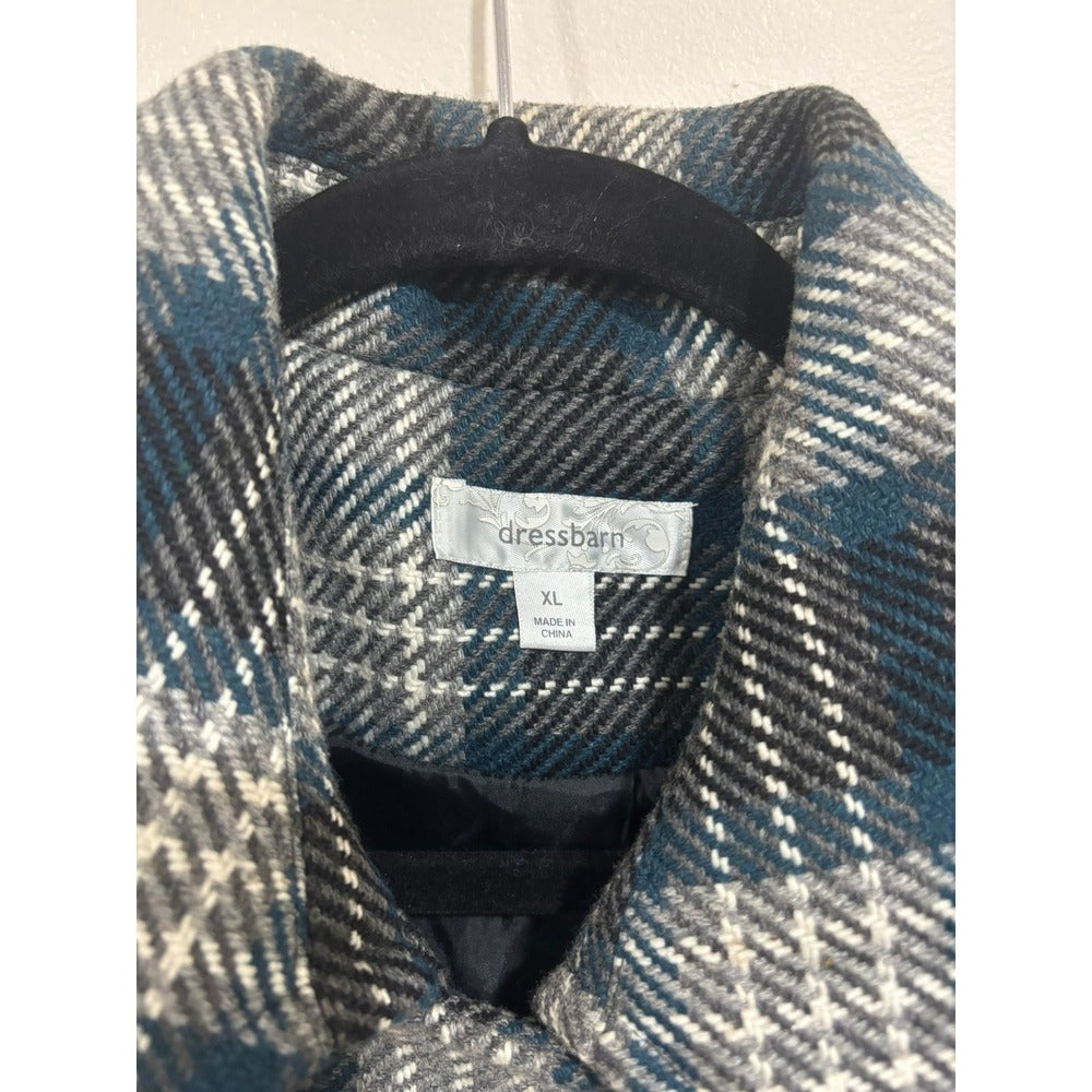 Dressbarn Plaid Peacoat Jacket Teal Gray Wool Blend Double Breasted XL Preppy