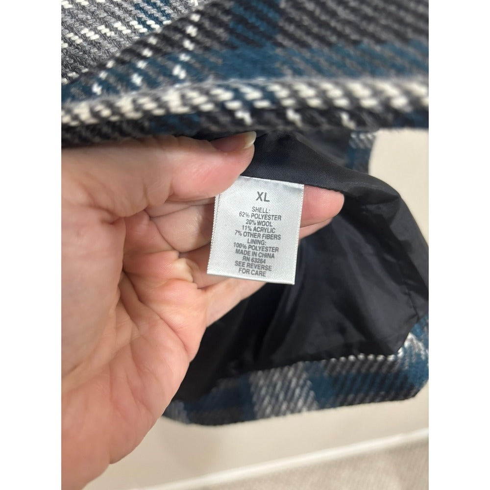 Dressbarn Plaid Peacoat Jacket Teal Gray Wool Blend Double Breasted XL Preppy