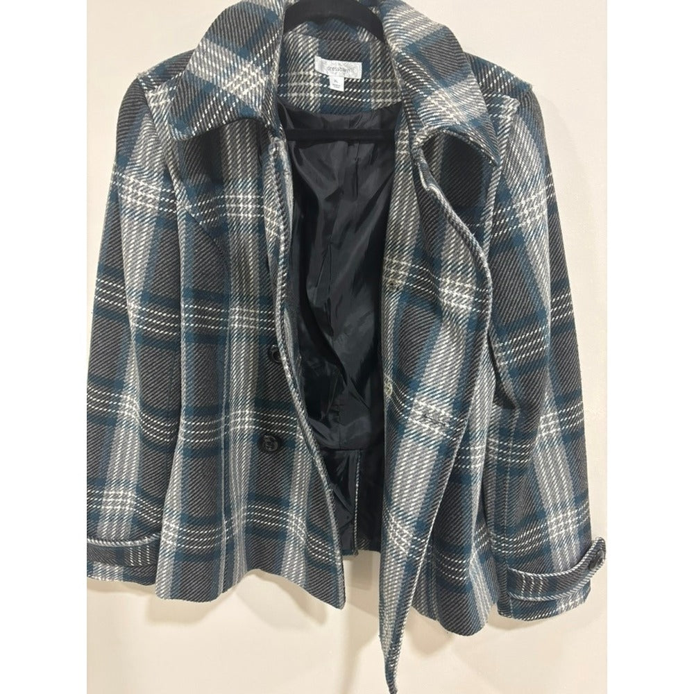Dressbarn Plaid Peacoat Jacket Teal Gray Wool Blend Double Breasted XL Preppy