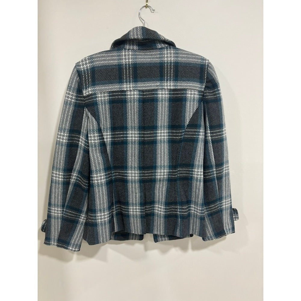 Dressbarn Plaid Peacoat Jacket Teal Gray Wool Blend Double Breasted XL Preppy
