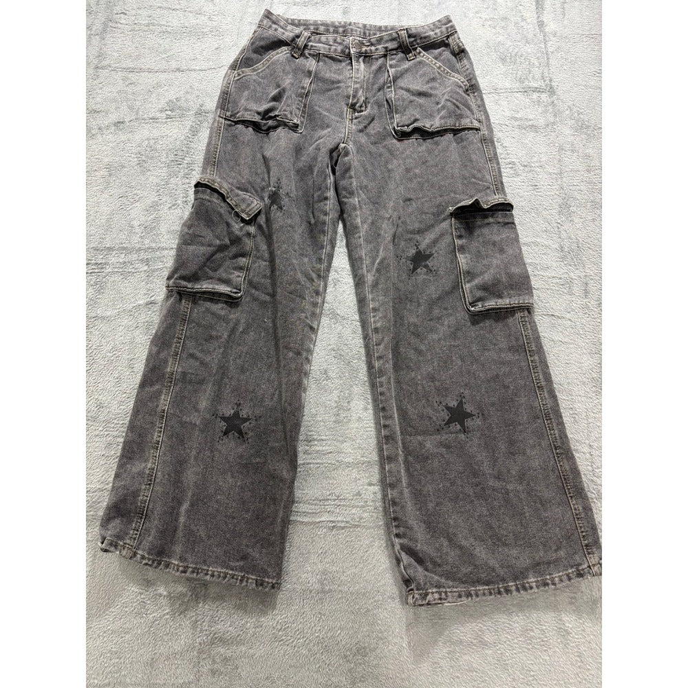 ROMWE M Gray Womens Cargo Jeans Wide Leg Vintage Casual Pants