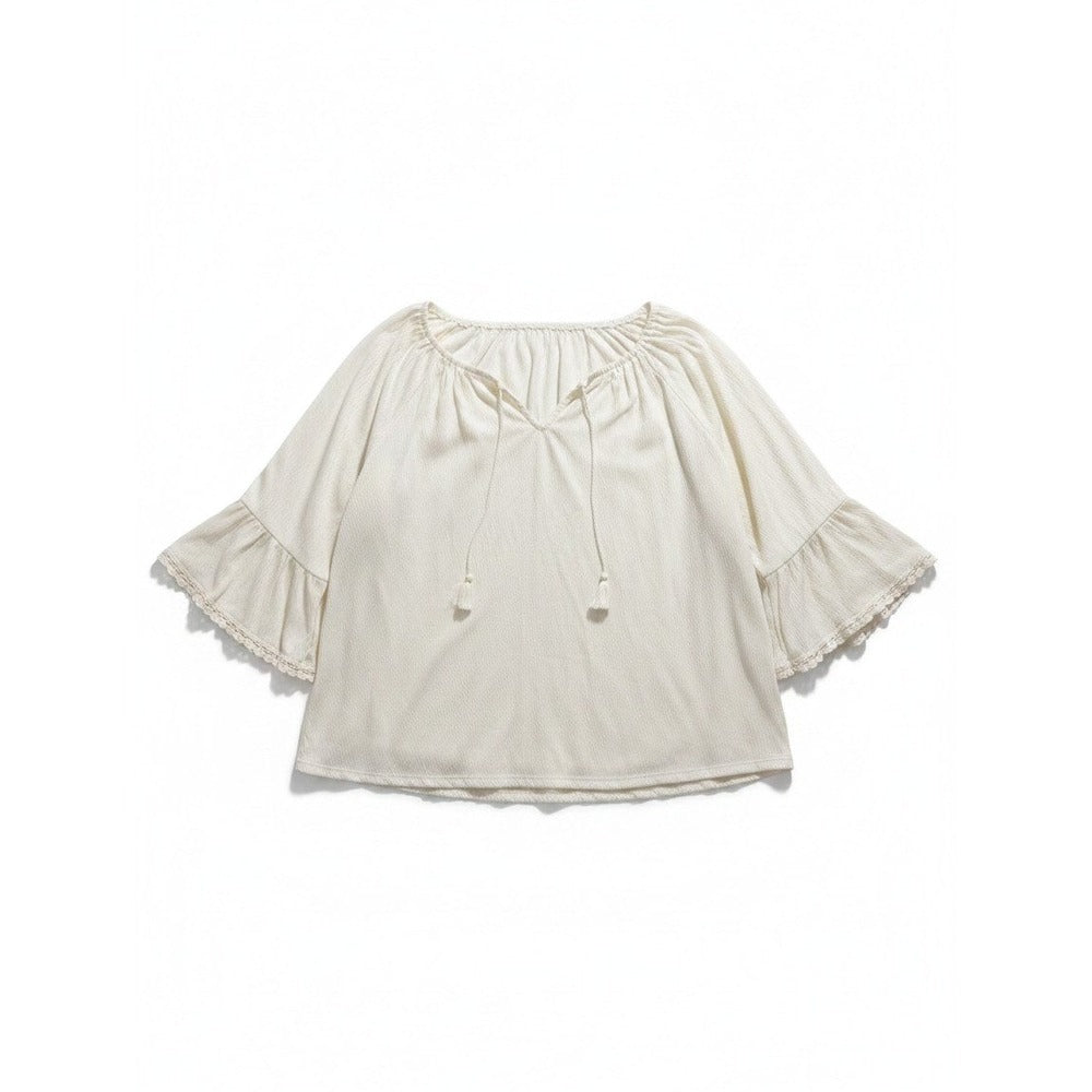 Old Navy L Cream Womens Boho Peasant Blouse Tassel Bell Sleeve Vintage Top