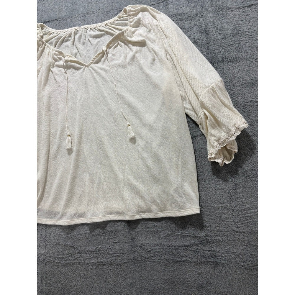 Old Navy L Cream Womens Boho Peasant Blouse Tassel Bell Sleeve Vintage Top