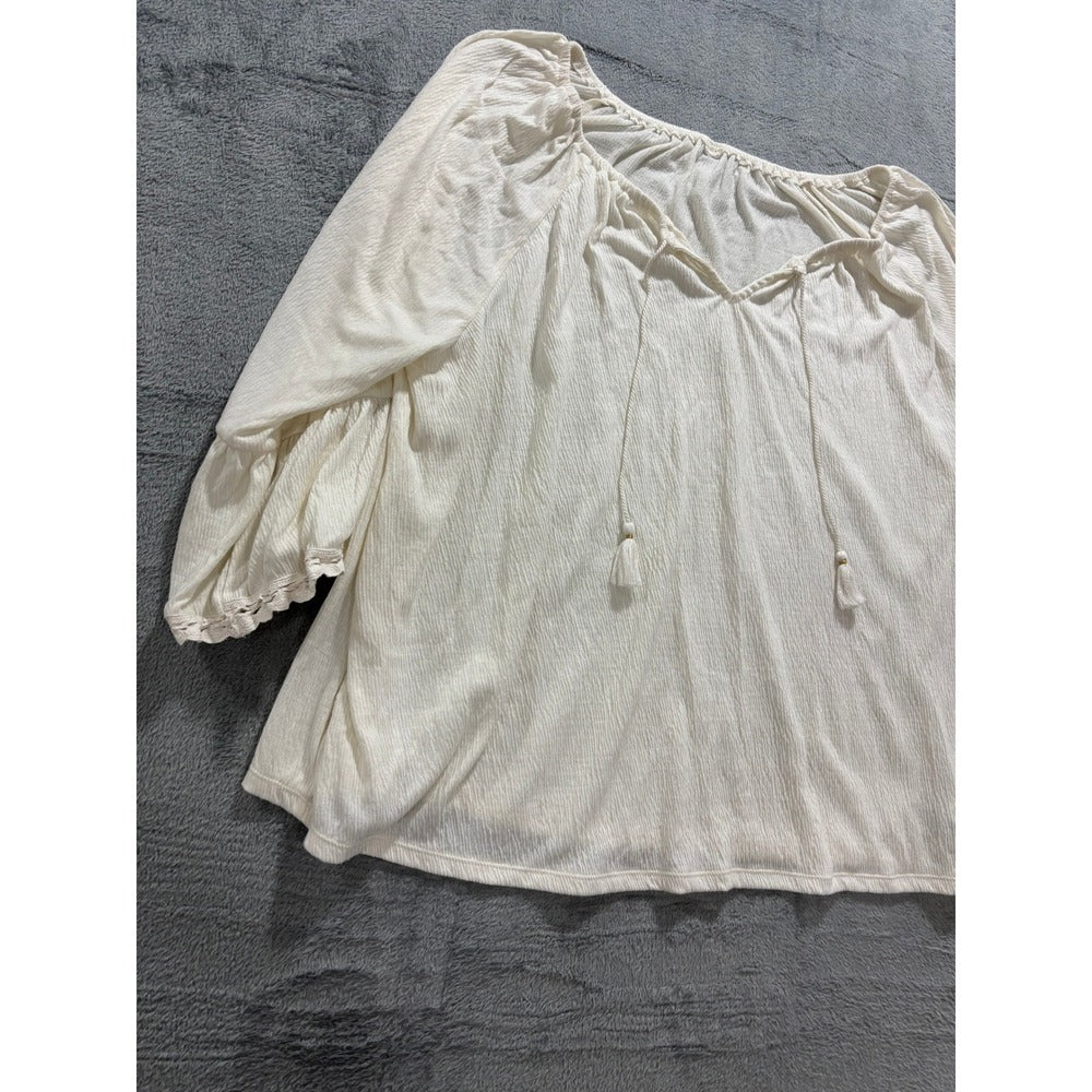 Old Navy L Cream Womens Boho Peasant Blouse Tassel Bell Sleeve Vintage Top