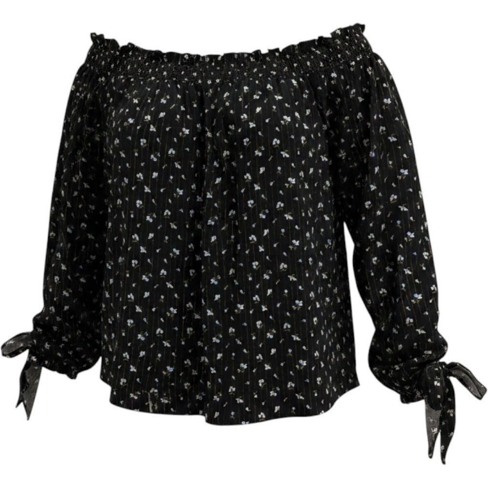 Michael Kors L Black Floral Off Shoulder Blouse Womens Boho Vintage Metallic Top