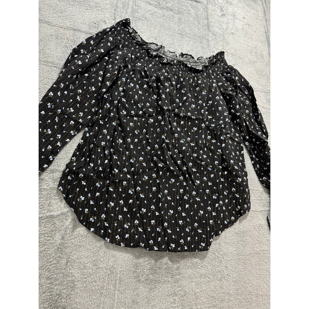 Michael Kors L Black Floral Off Shoulder Blouse Womens Boho Vintage Metallic Top