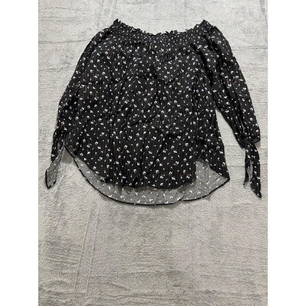 Michael Kors L Black Floral Off Shoulder Blouse Womens Boho Vintage Metallic Top
