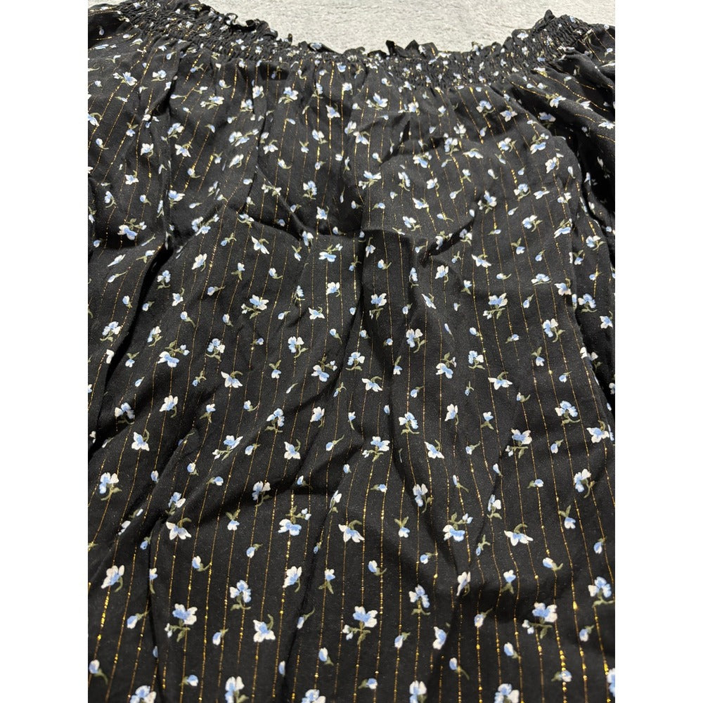 Michael Kors L Black Floral Off Shoulder Blouse Womens Boho Vintage Metallic Top