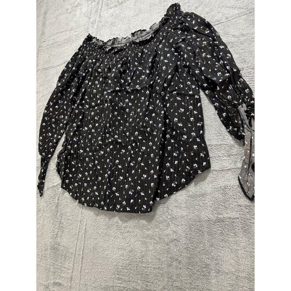 Michael Kors L Black Floral Off Shoulder Blouse Womens Boho Vintage Metallic Top