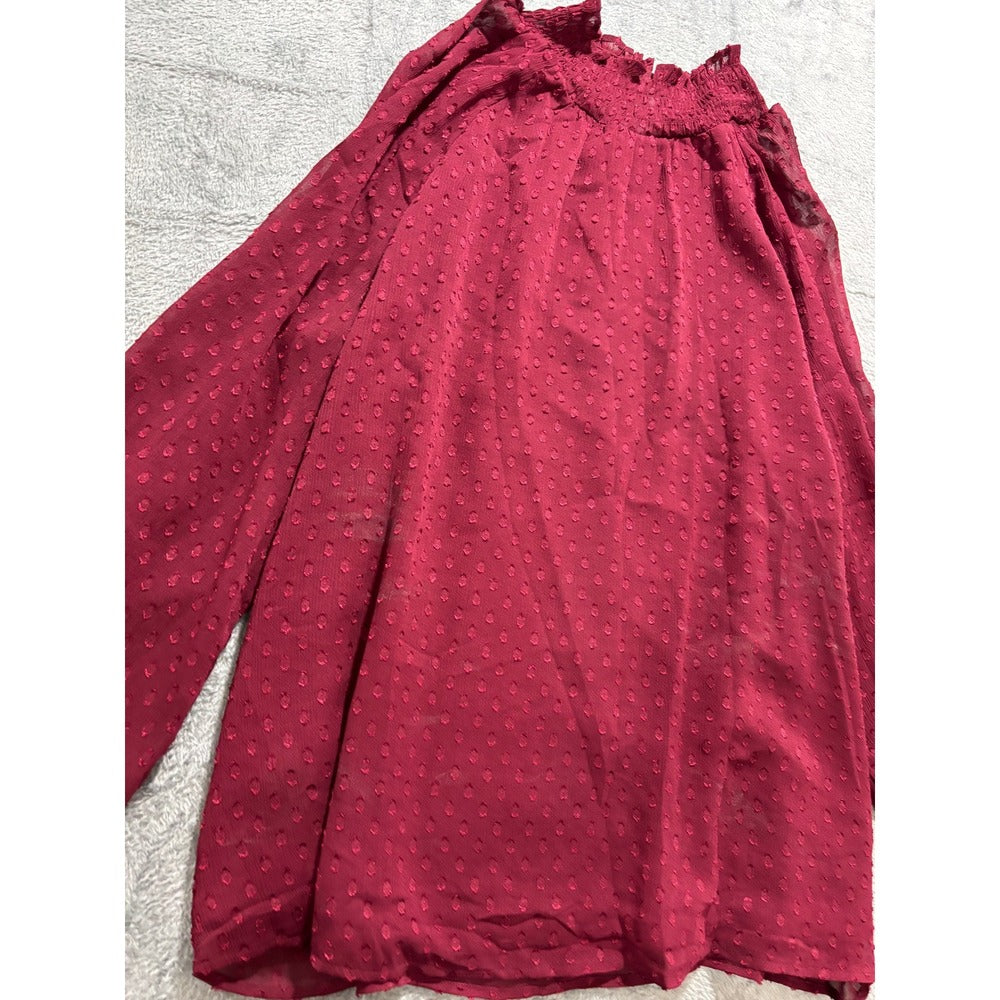 Ann Taylor Factory Womens L Burgundy Clip Dot Blouse Boho Casual Top