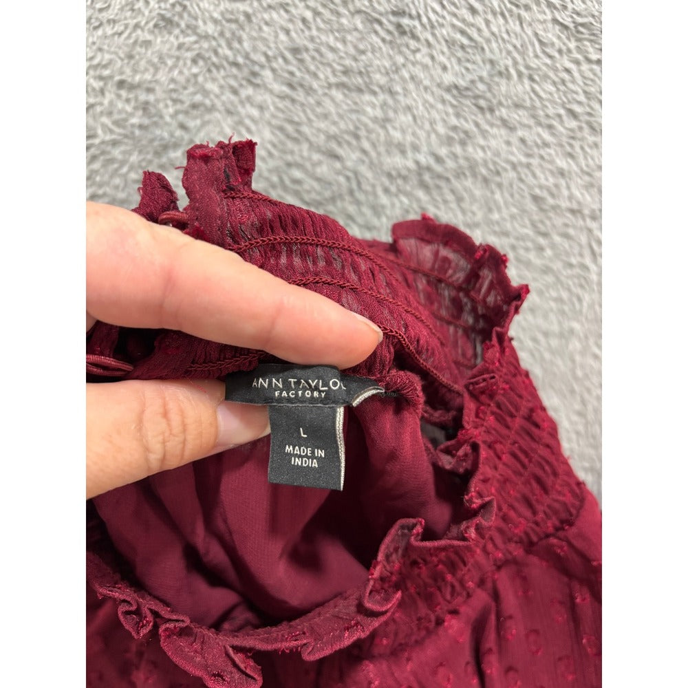 Ann Taylor Factory Womens L Burgundy Clip Dot Blouse Boho Casual Top