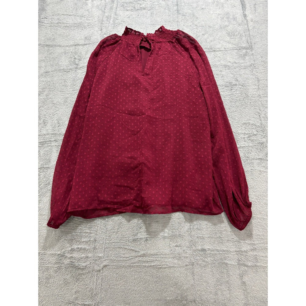 Ann Taylor Factory Womens L Burgundy Clip Dot Blouse Boho Casual Top