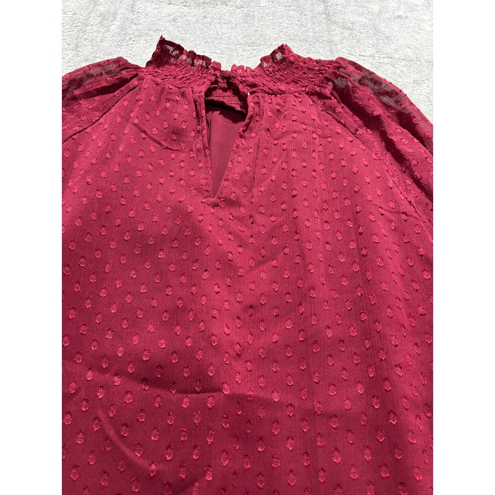Ann Taylor Factory Womens L Burgundy Clip Dot Blouse Boho Casual Top
