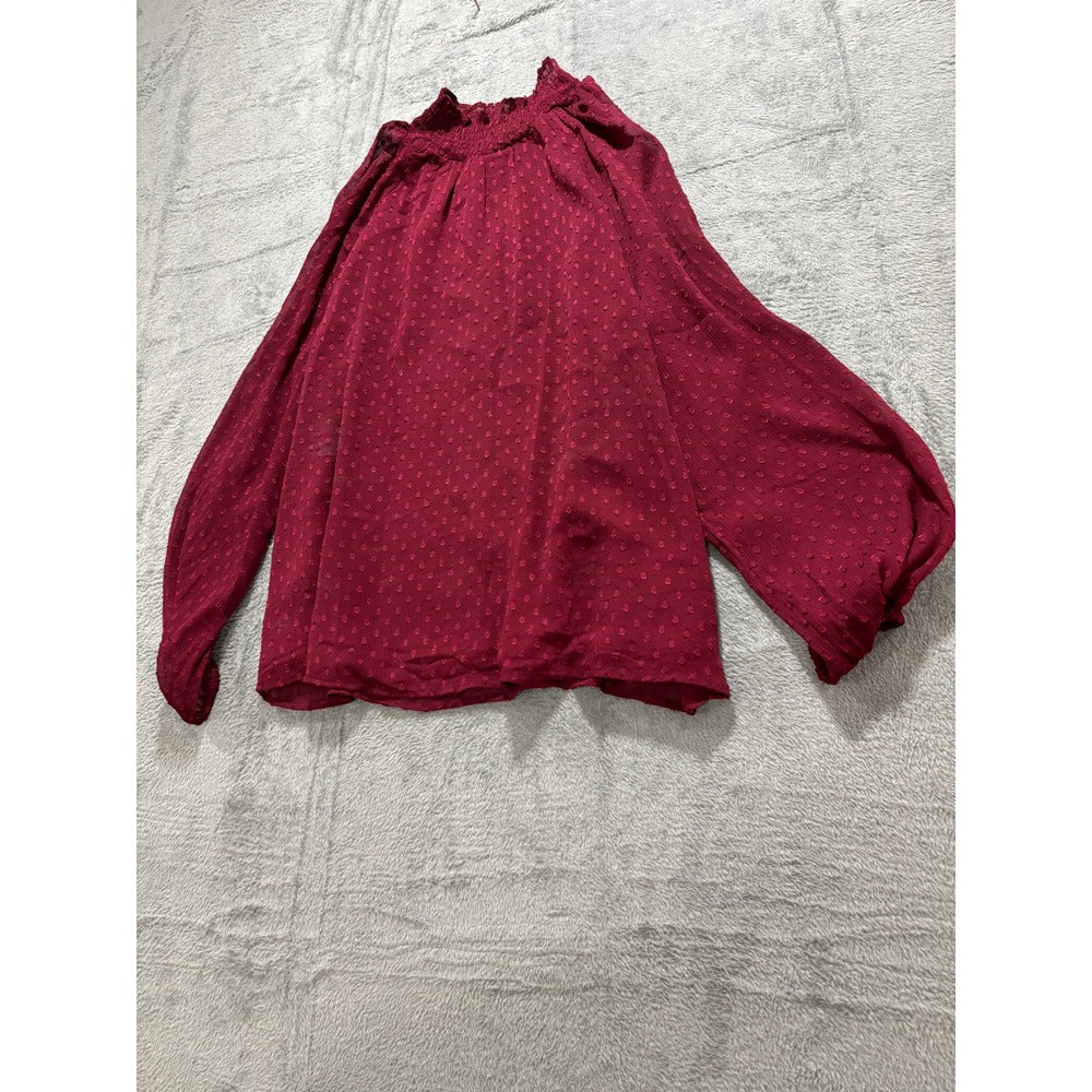 Ann Taylor Factory Womens L Burgundy Clip Dot Blouse Boho Casual Top