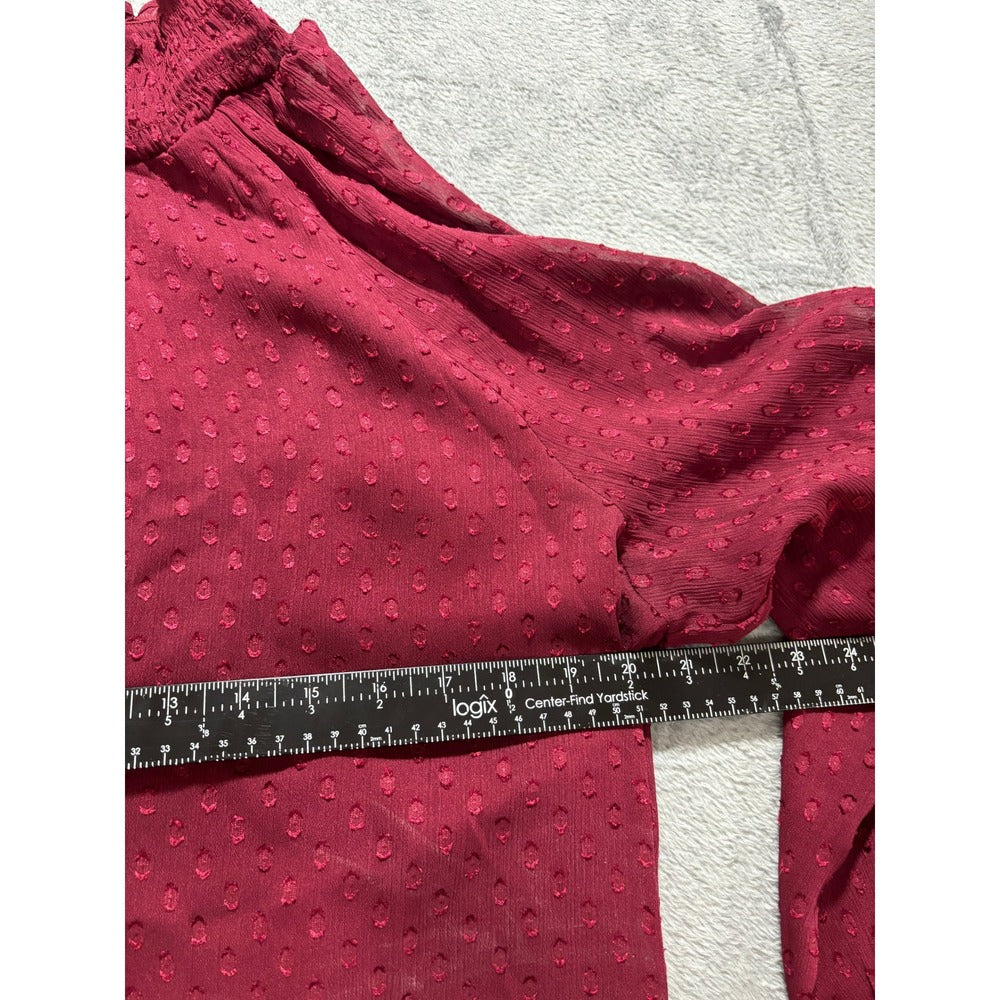 Ann Taylor Factory Womens L Burgundy Clip Dot Blouse Boho Casual Top