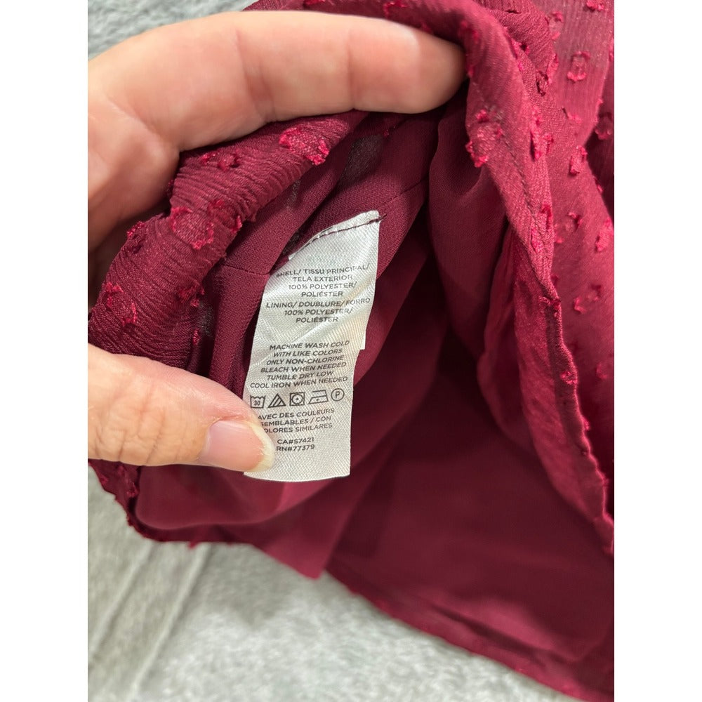 Ann Taylor Factory Womens L Burgundy Clip Dot Blouse Boho Casual Top