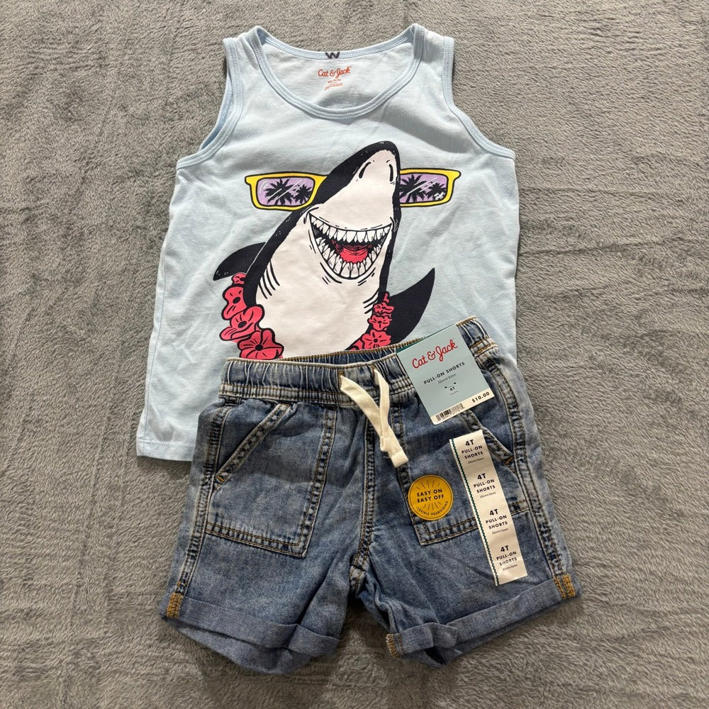 Cat & Jack 365Kids 4T 4 Blue Shark Tank Top Denim Shorts Tie Dye Set Casual 4pc