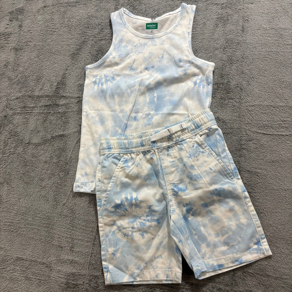 Cat & Jack 365Kids 4T 4 Blue Shark Tank Top Denim Shorts Tie Dye Set Casual 4pc
