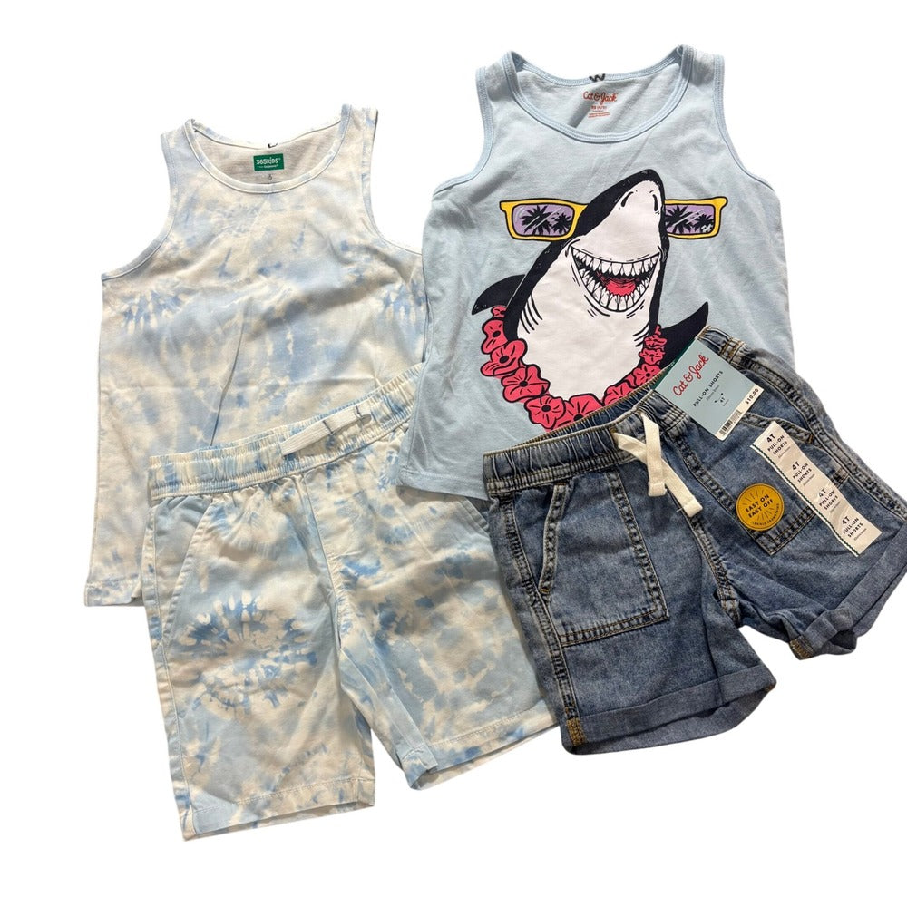 Cat & Jack 365Kids 4T 4 Blue Shark Tank Top Denim Shorts Tie Dye Set Casual 4pc