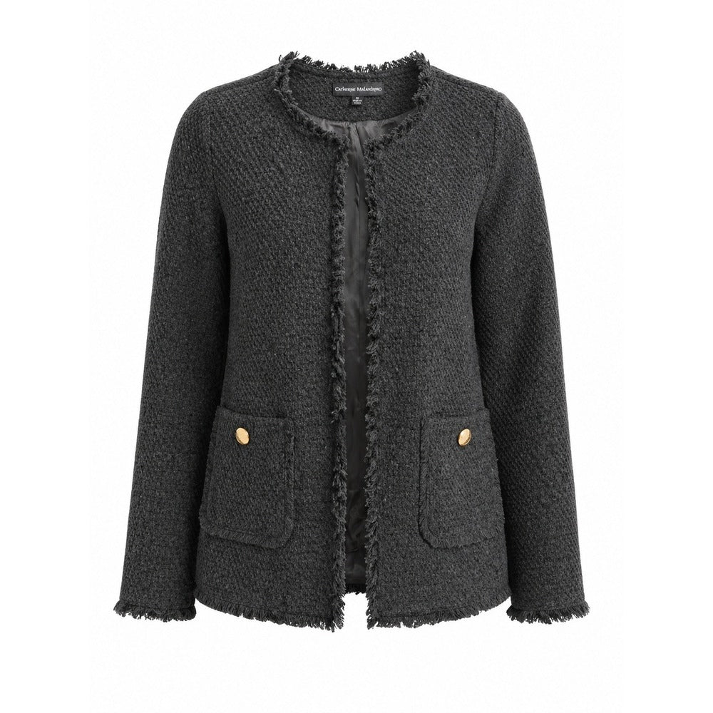 Catherine Malandrino Womens Charcoal Grey Fringe Tweed Open Front Jacket Size 10