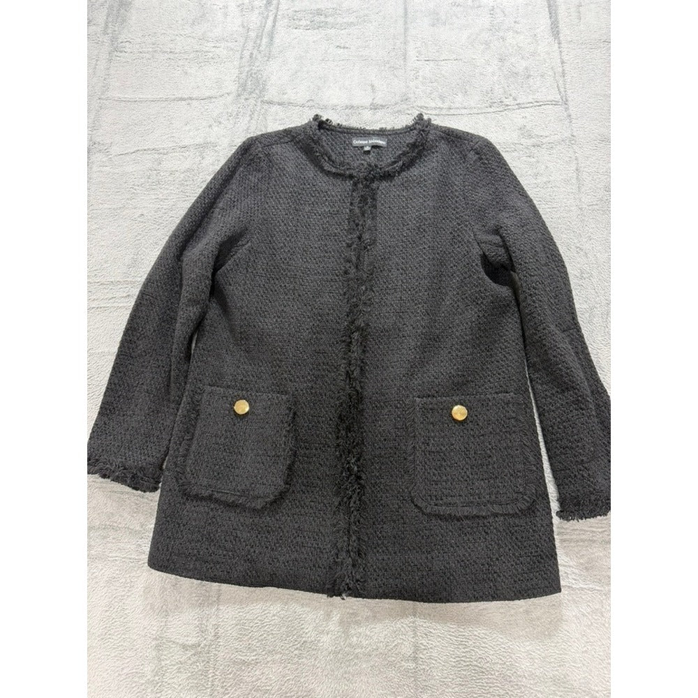 Catherine Malandrino Womens Charcoal Grey Fringe Tweed Open Front Jacket Size 10