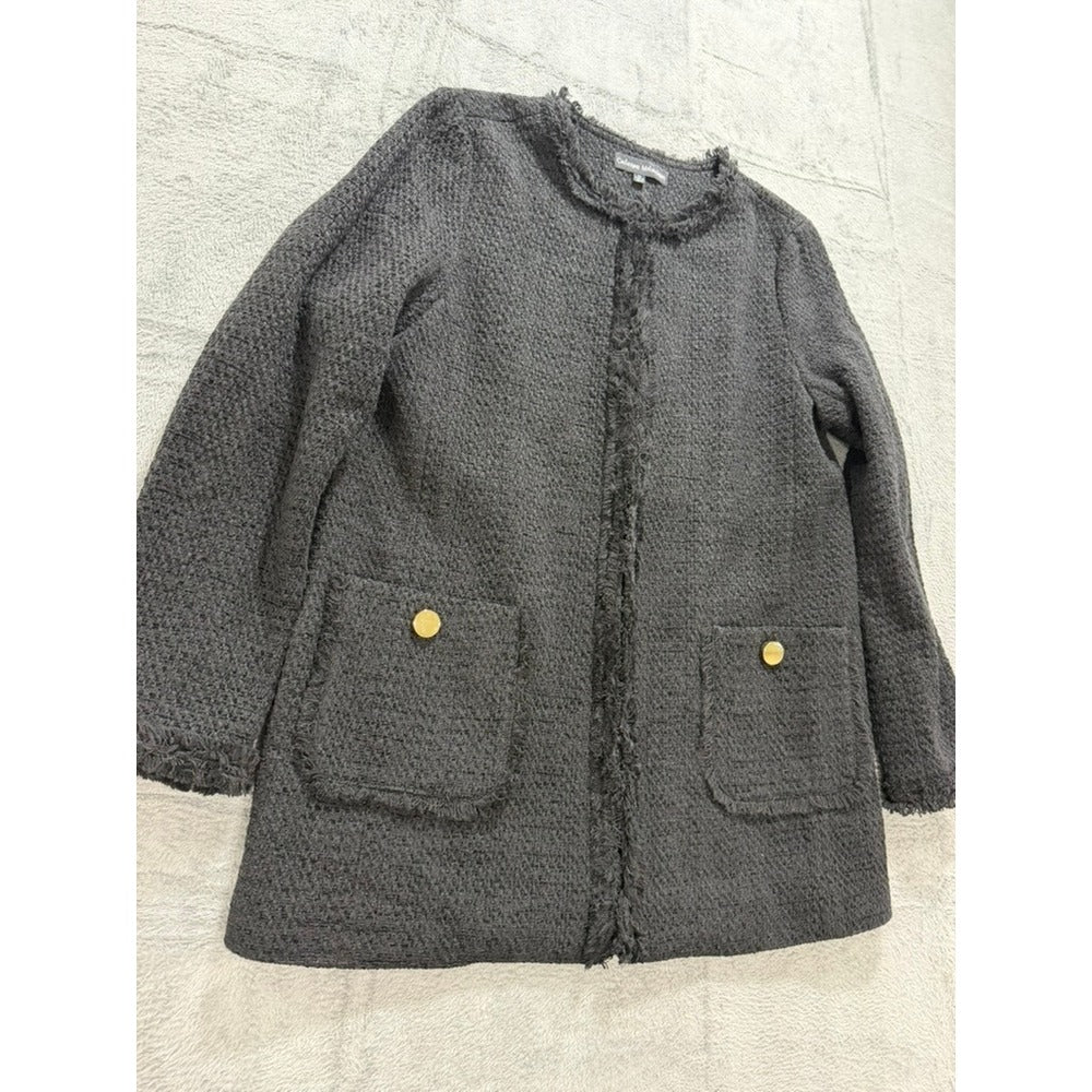 Catherine Malandrino Womens Charcoal Grey Fringe Tweed Open Front Jacket Size 10