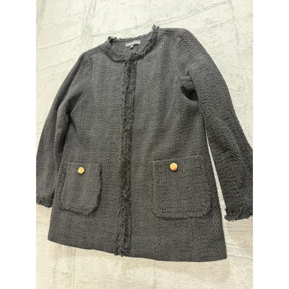 Catherine Malandrino Womens Charcoal Grey Fringe Tweed Open Front Jacket Size 10