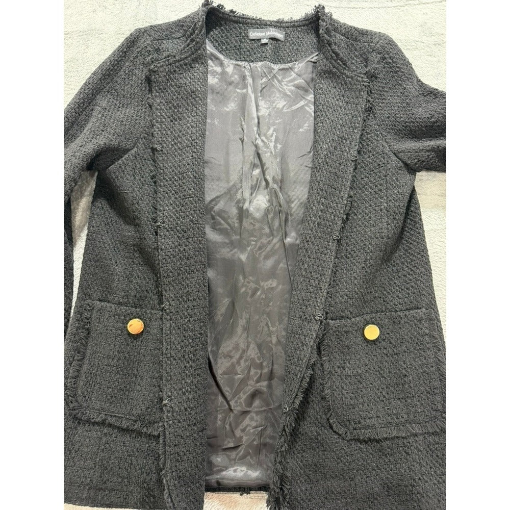 Catherine Malandrino Womens Charcoal Grey Fringe Tweed Open Front Jacket Size 10