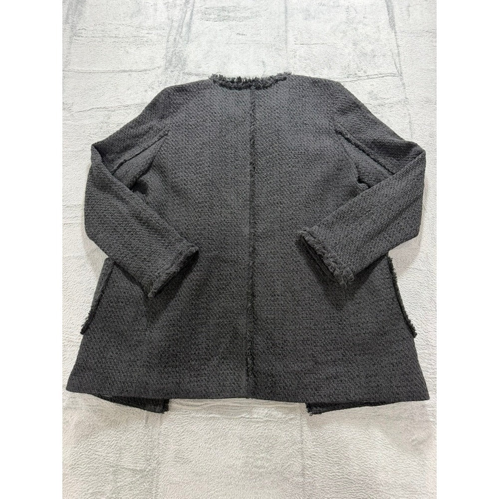 Catherine Malandrino Womens Charcoal Grey Fringe Tweed Open Front Jacket Size 10