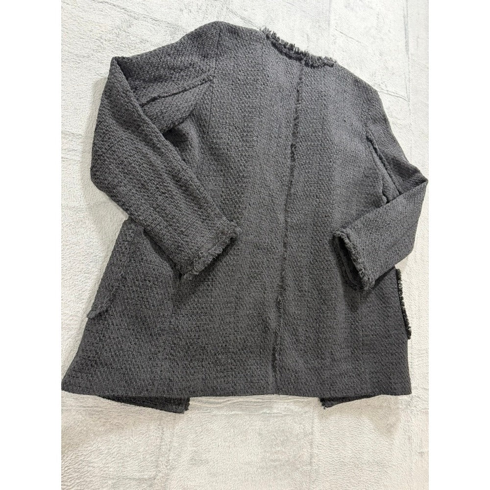 Catherine Malandrino Womens Charcoal Grey Fringe Tweed Open Front Jacket Size 10