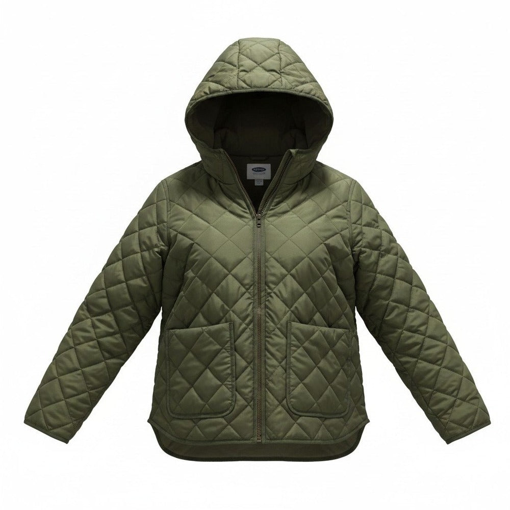 Old Navy XL Olive Green Quilted Hooded Zip Jacket Womens Patch Pockets