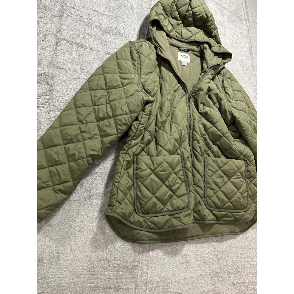 Old Navy XL Olive Green Quilted Hooded Zip Jacket Womens Patch Pockets