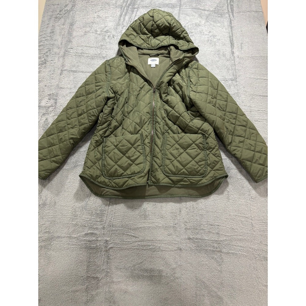 Old Navy XL Olive Green Quilted Hooded Zip Jacket Womens Patch Pockets