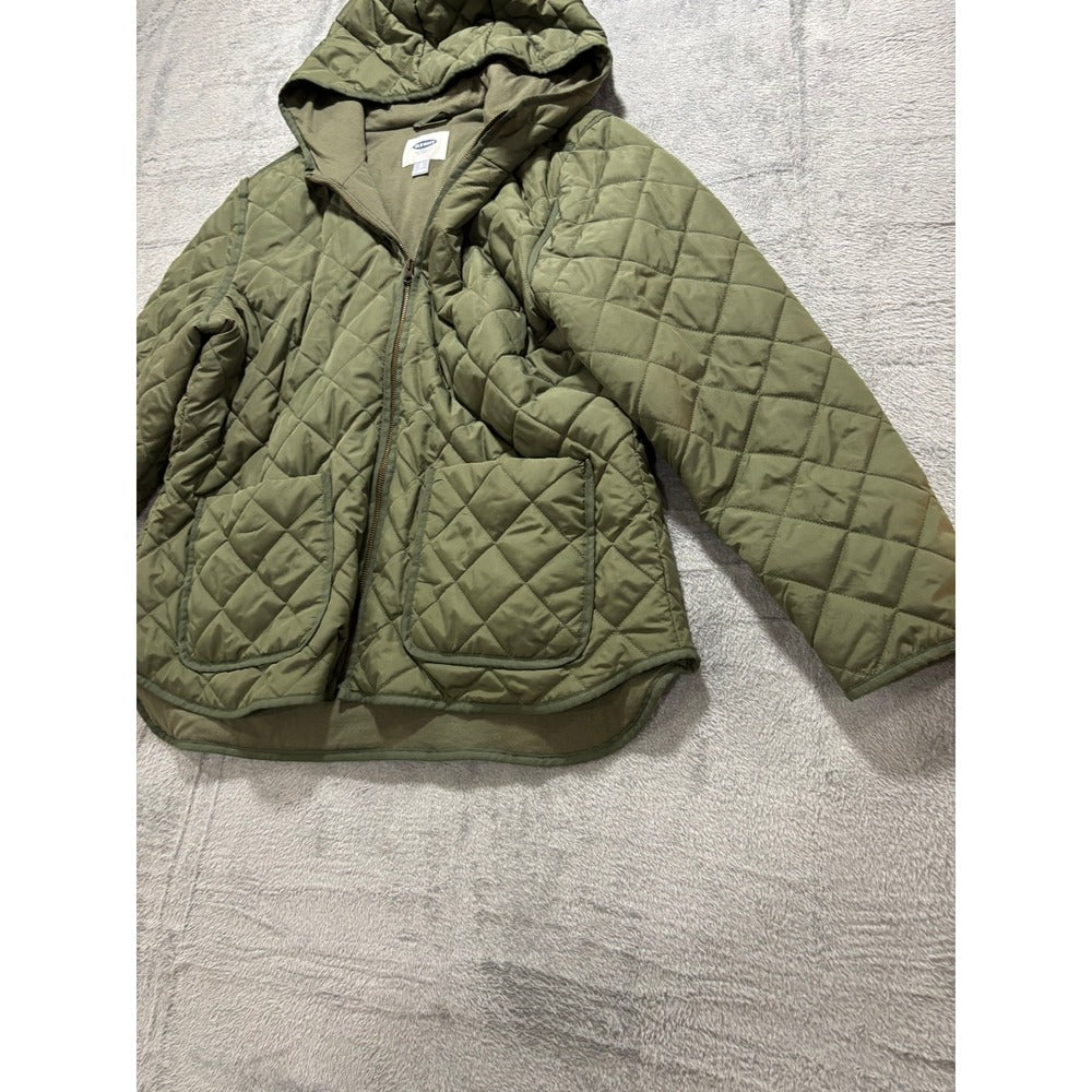 Old Navy XL Olive Green Quilted Hooded Zip Jacket Womens Patch Pockets