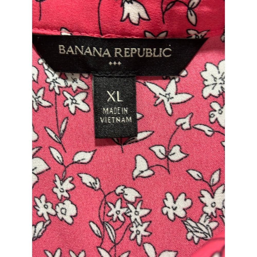 Banana Republic XL Womens Pink Floral V-Neck Blouse Boho Casual Short Sleeve