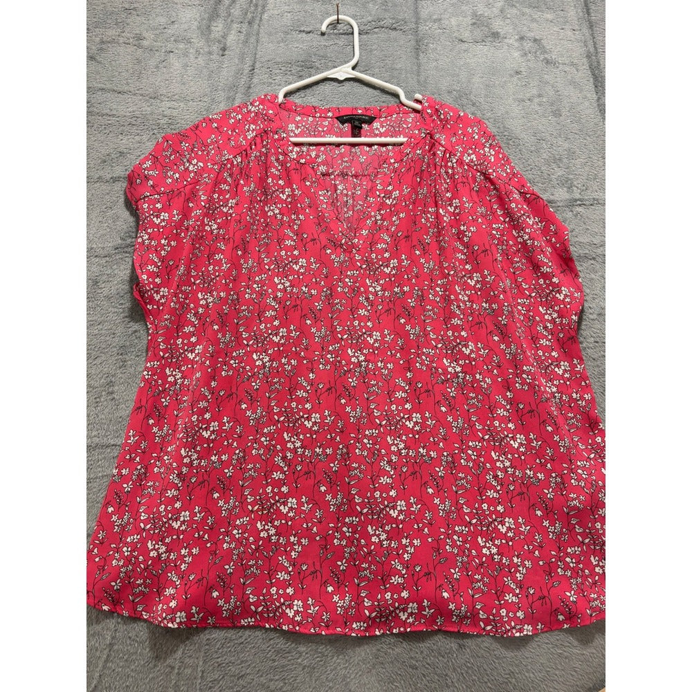 Banana Republic XL Womens Pink Floral V-Neck Blouse Boho Casual Short Sleeve