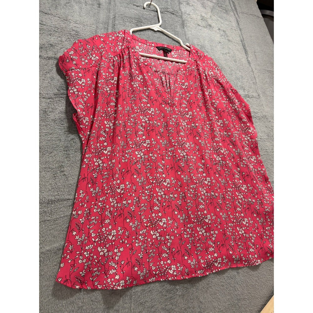 Banana Republic XL Womens Pink Floral V-Neck Blouse Boho Casual Short Sleeve