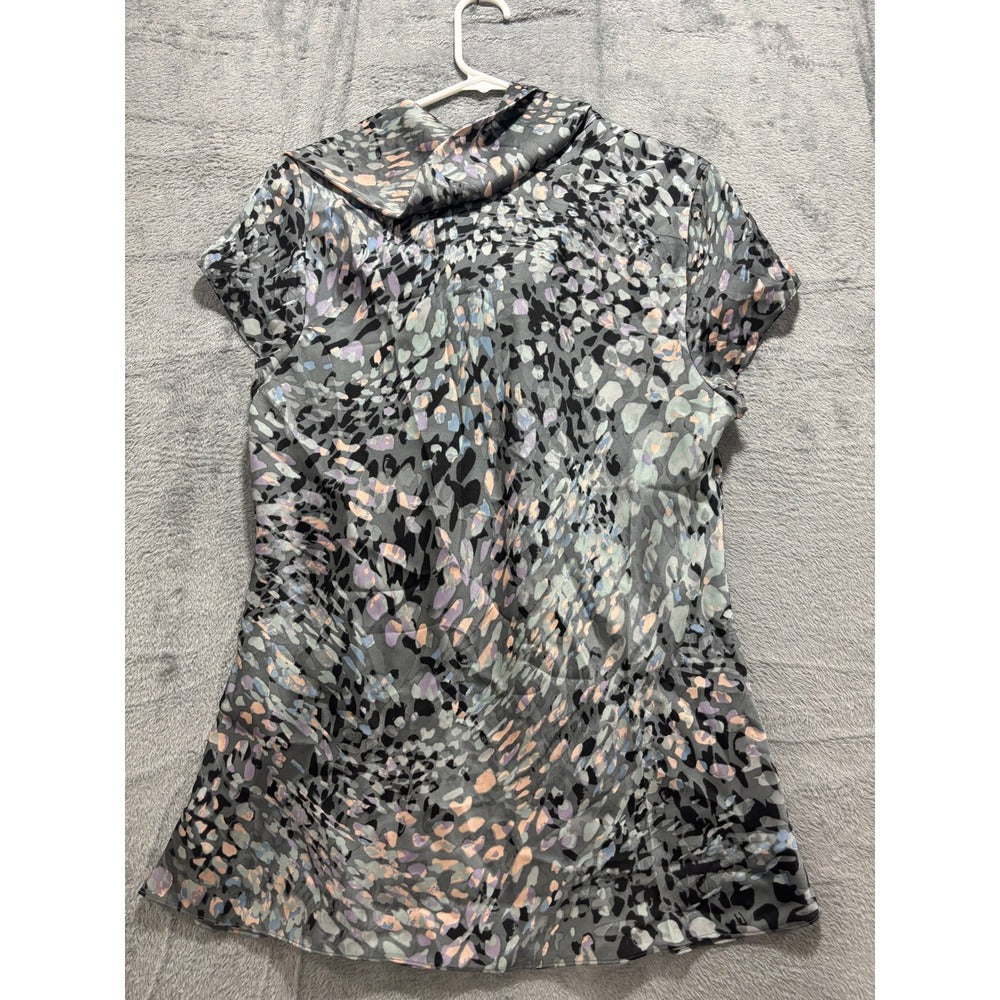 Chaus L Womens Gray Abstract Cowl Neck Short Sleeve Blouse Casual Boho Work Top
