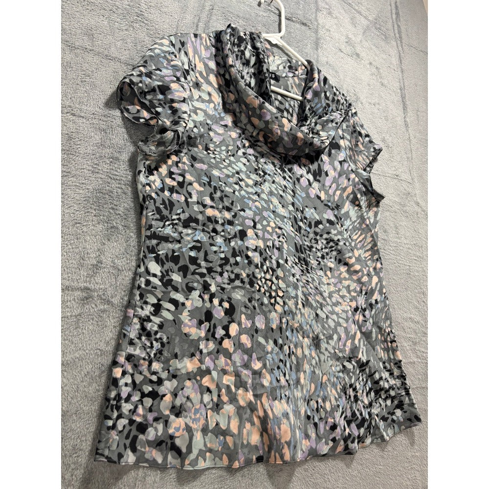 Chaus L Womens Gray Abstract Cowl Neck Short Sleeve Blouse Casual Boho Work Top