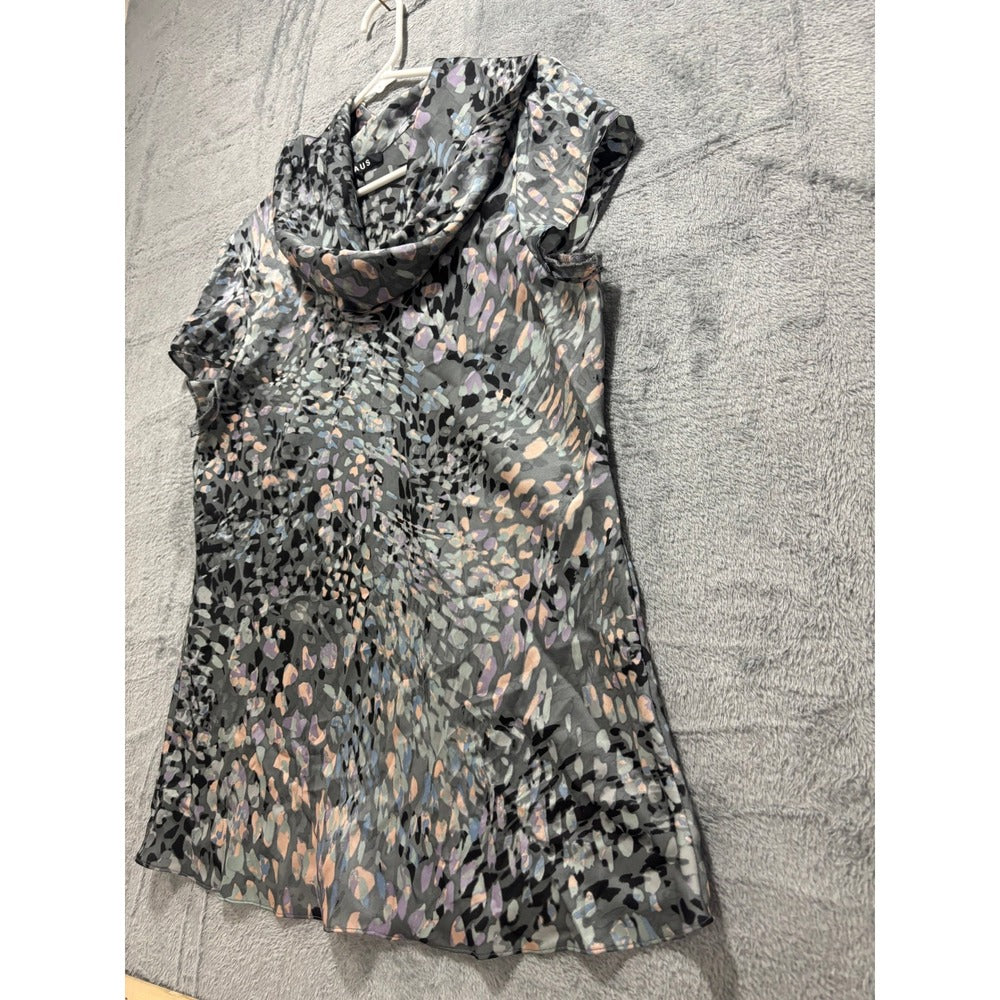 Chaus L Womens Gray Abstract Cowl Neck Short Sleeve Blouse Casual Boho Work Top